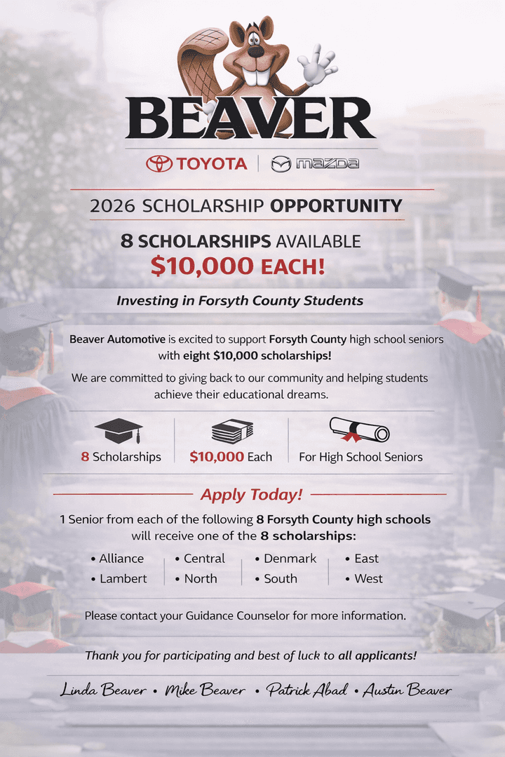 Beaver Automotive Scholarship Flyer $10,000 Scholarship for 8 Forsyth County High School Students