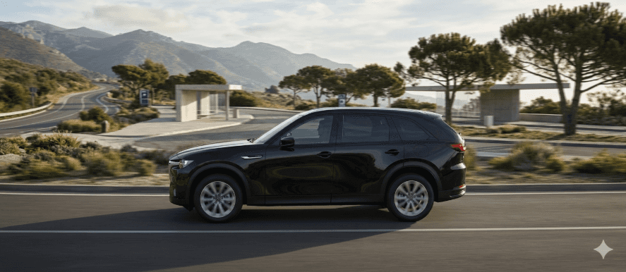 Black Mazda CX-90 driving on a professional scenic highway