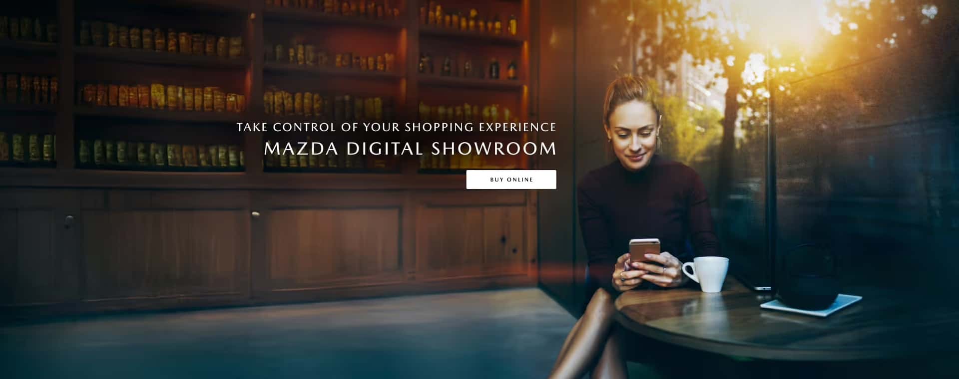 Woman looking at phone with text take control of your shopping experience
