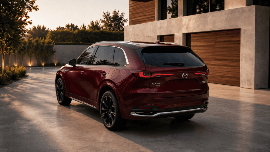 2026 Mazda CX-90 in Artisan Red viewed from the rear on a modern luxury architectural driveway