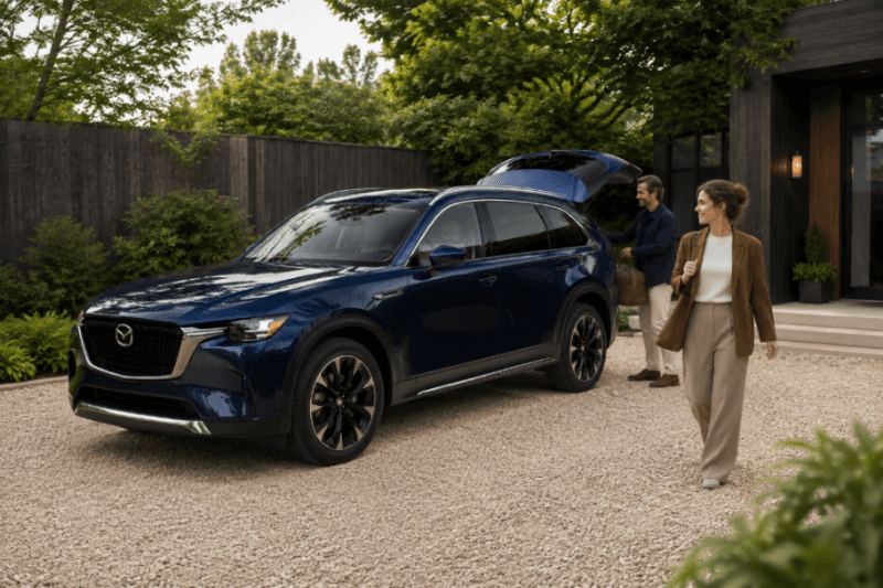 Mazda CX-90 SUV arrival at a modern home