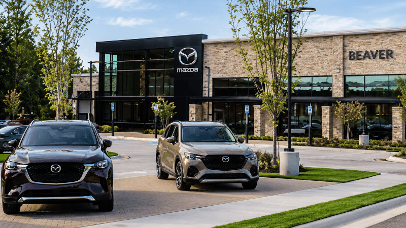 Beaver Mazda dealership exterior with Mazda SUVs parked out front