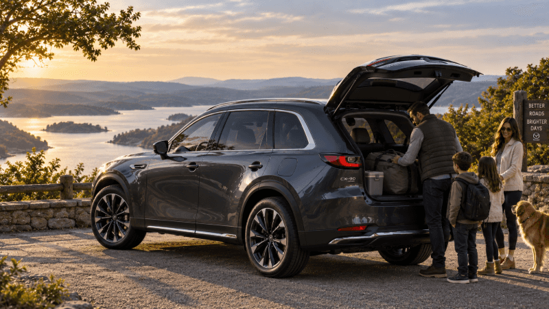 Mazda CX-90 Plug-In Hybrid with a family loading cargo at a scenic lakeside overlook