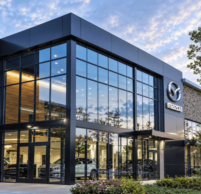 Modern Mazda dealership exterior with large glass windows and illuminated showroom