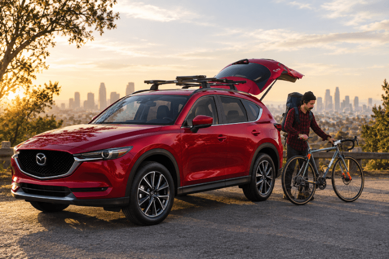 Red Mazda CX-5 with cyclist and bike at a scenic city overlook