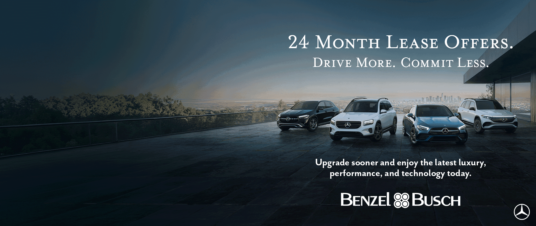 Mercedes-Benz lineup in a city - 24 month lease offers