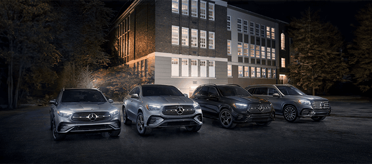 Mercedes-Benz SUV lineup in elegant showroom - GLC, G Class, gle, gl4, glb, gls