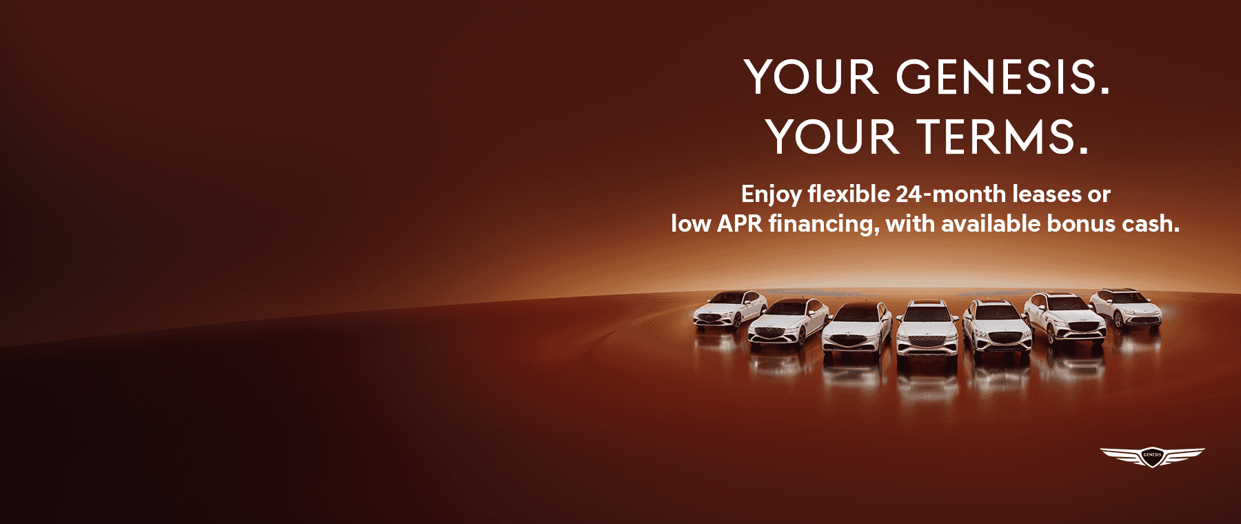 Genesis lineup on a red atmospheric background - 24-month leases or low apr financing with bonus cash
