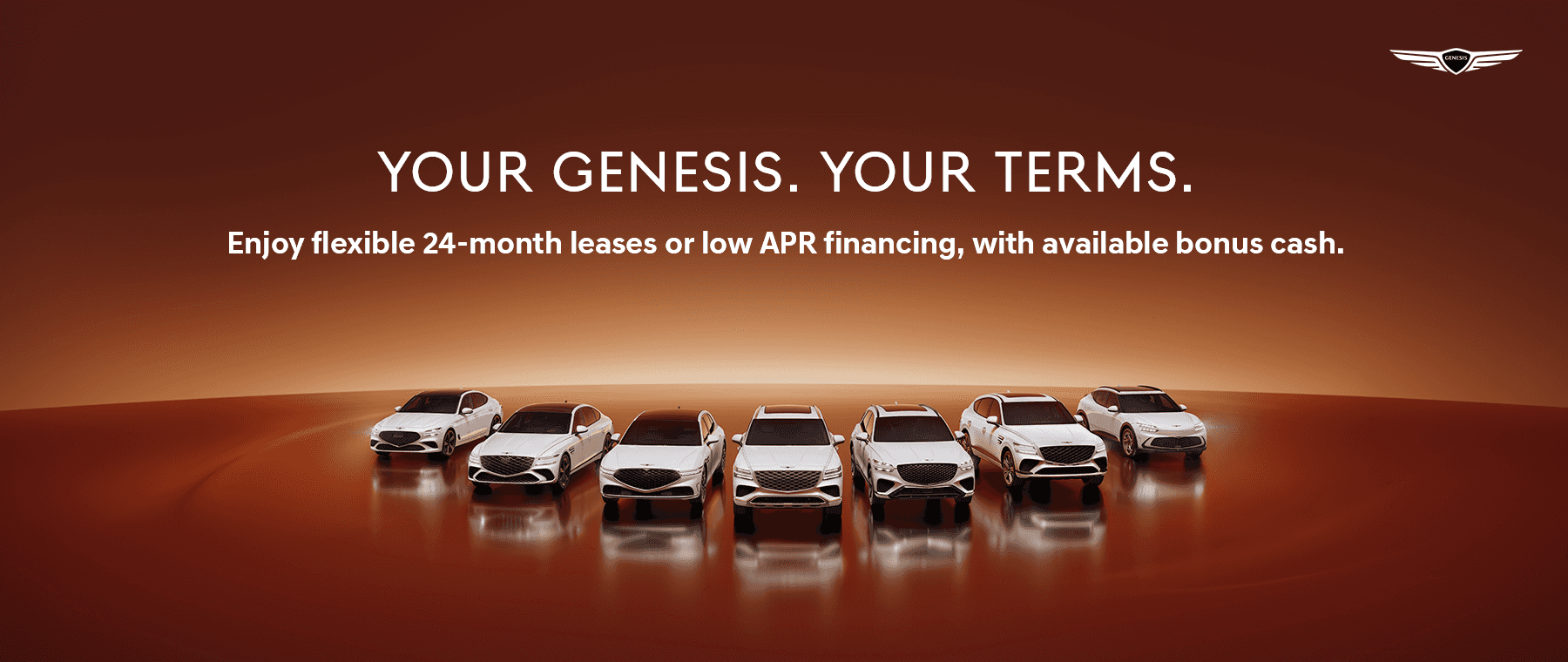 Genesis lineup on a red atmospheric background - 24-month leases or low apr financing with bonus cash