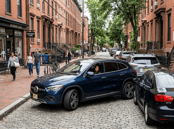 Mercedes-Benz compact SUV navigating narrow Hoboken street, luxury urban driving - parking in hoboken car size · best car