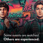 Benzel-Busch x Lorige Miami Grand Prix Watch Party banner featuring Mercedes-AMG Petronas F1 drivers Kimi Antonelli and George Russell. Neon vaporwave illustration of an F1 car and drivers for a VIP experience in Englewood, New Jersey