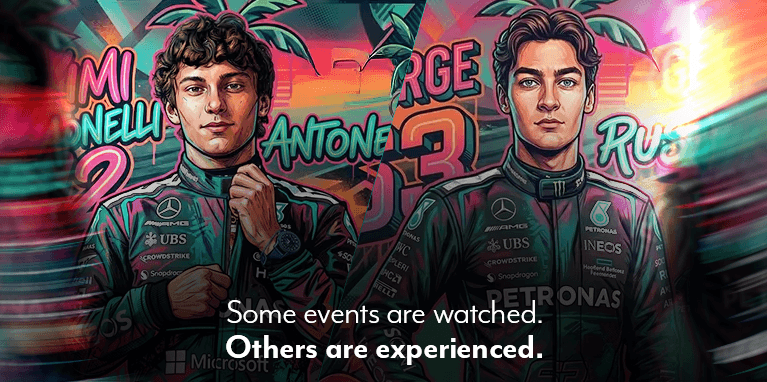 Benzel-Busch x Lorige Miami Grand Prix Watch Party banner featuring Mercedes-AMG Petronas F1 drivers Kimi Antonelli and George Russell. Neon vaporwave illustration of an F1 car and drivers for a VIP experience in Englewood, New Jersey