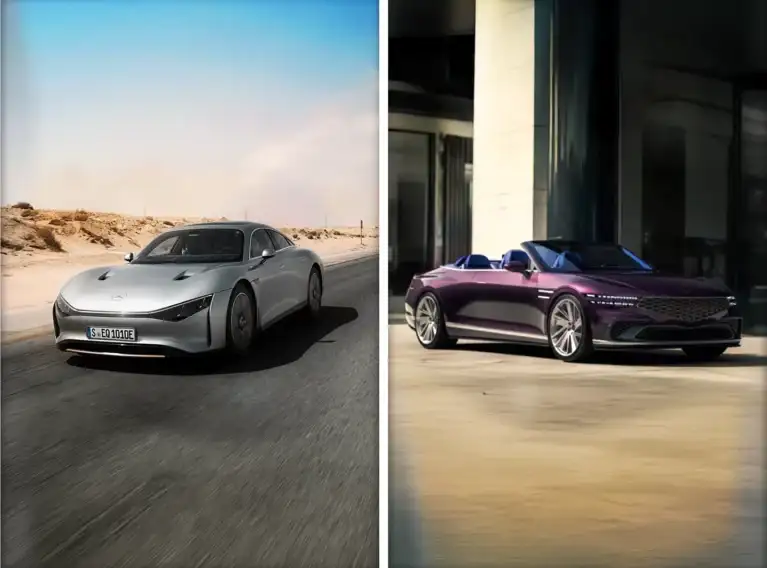 Mercedes-Benz Vision EQXX and Genesis X Gran Convertible concept car interior, showcasing future luxury automotive design.
