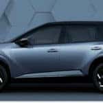 Side profile view of a silver two-tone 2027 Nissan Rogue Hybrid SUV against a textured wall background.