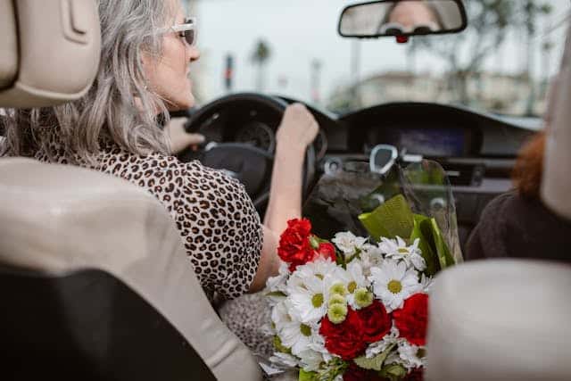 A Woman in Leopard Print Top Driving a Car