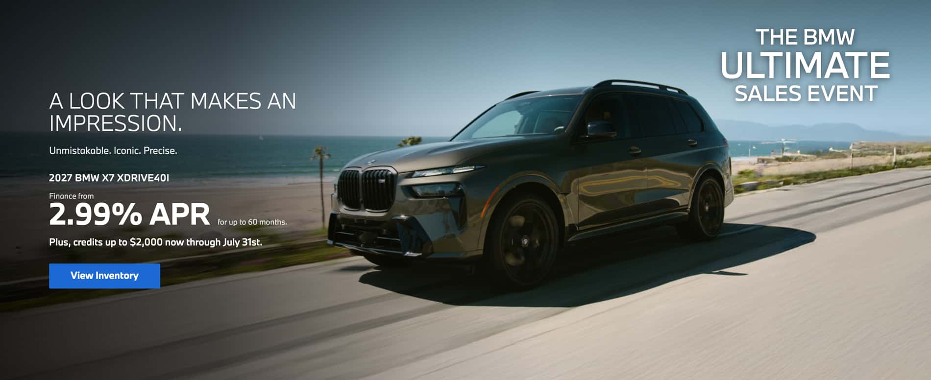 2027 BMW X7 xDrive40i luxury SUV featured during the BMW Ultimate Sales Event with 2.99% APR financing for up to 60 months and available BMW Loyalty Credits at BMW of Myrtle Beach.