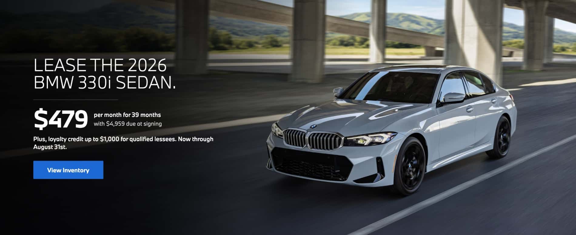 2026 BMW 330i Sedan lease offer at BMW of Myrtle Beach featuring $479 per month for 39 months with qualified BMW loyalty credits available through August 31.