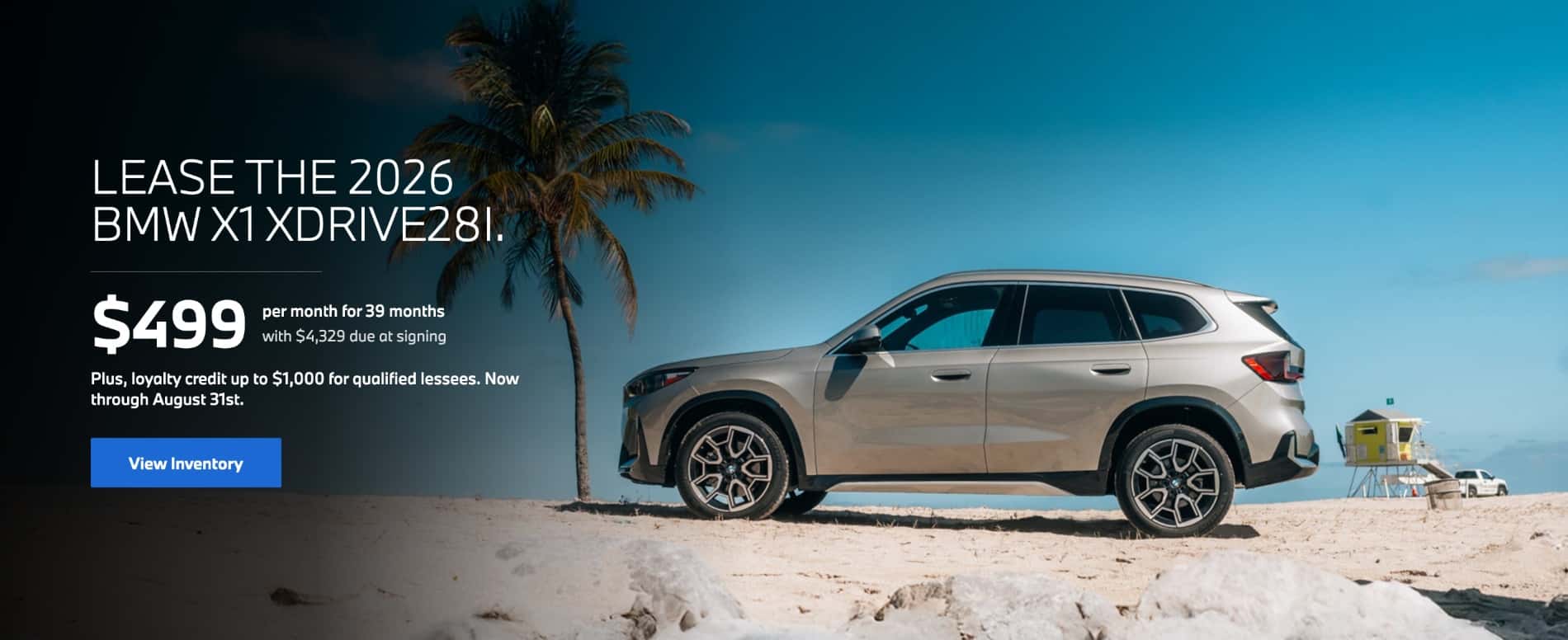 2026 BMW X1 xDrive28i lease offer at BMW of Myrtle Beach featuring $499 per month for 39 months with qualified lessee loyalty credits available through August 31.