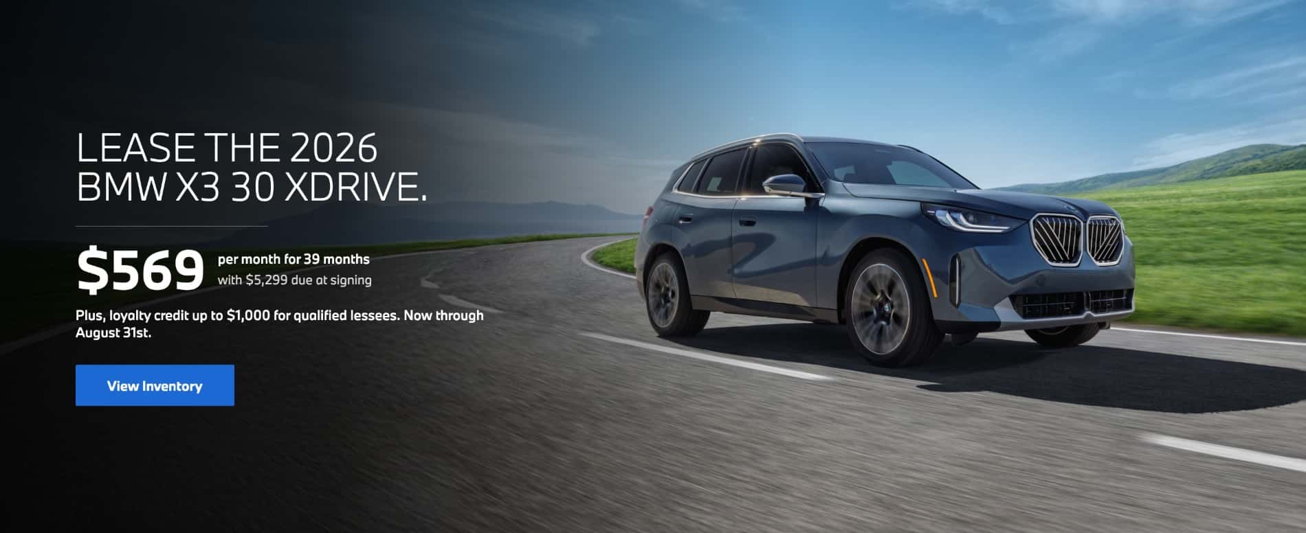 2026 BMW X3 30 xDrive lease offer at BMW of Myrtle Beach featuring $569 per month for 39 months with qualified lessee loyalty credits available through August 31.