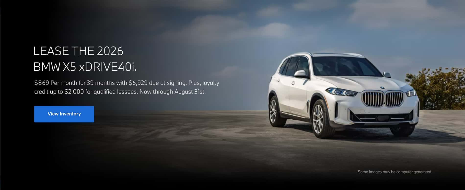 2026 BMW X5 xDrive40i lease offer featuring an Alpine White luxury SUV with lease pricing of $869 per month for 39 months, loyalty credit up to $2,000, available through August 31 at BMW of Myrtle Beach.