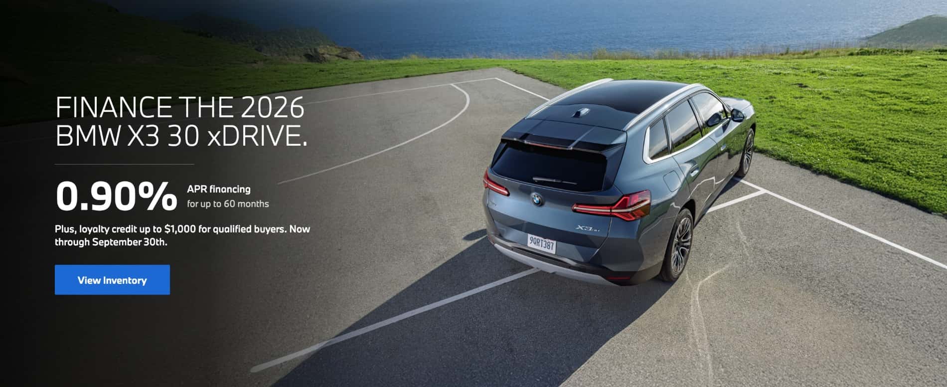 2026 BMW X3 30 xDrive luxury SUV overlooking the coast featuring 0.90% APR financing for up to 60 months plus up to $1,000 BMW Loyalty Credit at BMW of Myrtle Beach.