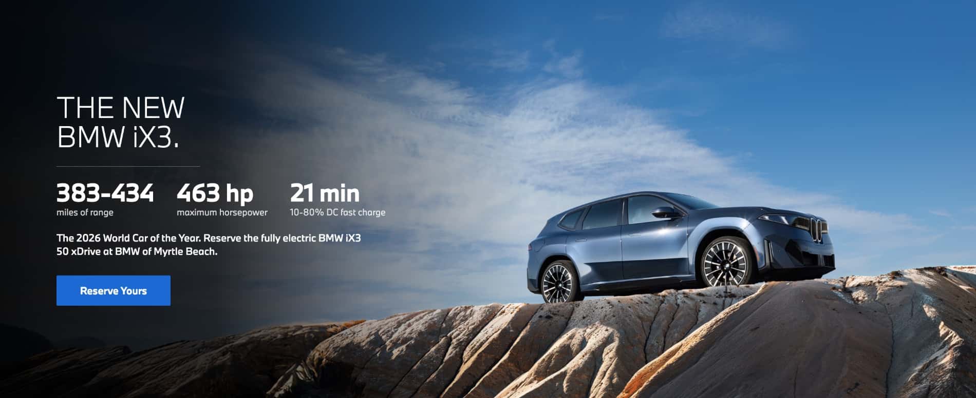 The all-electric BMW iX3 displayed on a scenic overlook highlighting up to 434 miles of range, 463 horsepower, and 21-minute DC fast charging at BMW of Myrtle Beach.