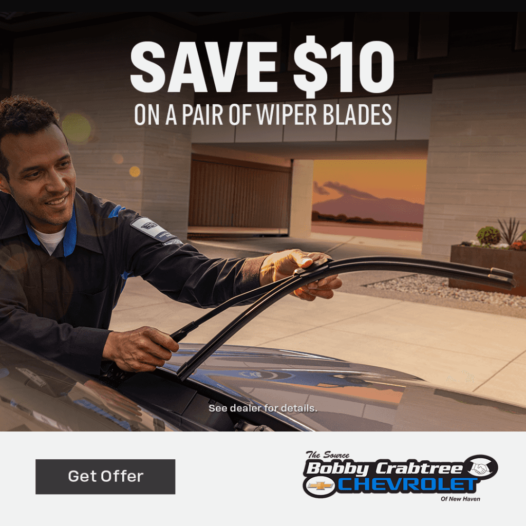 save $10 off a new pair of wiper blade at Crabtree Chevrolet. 