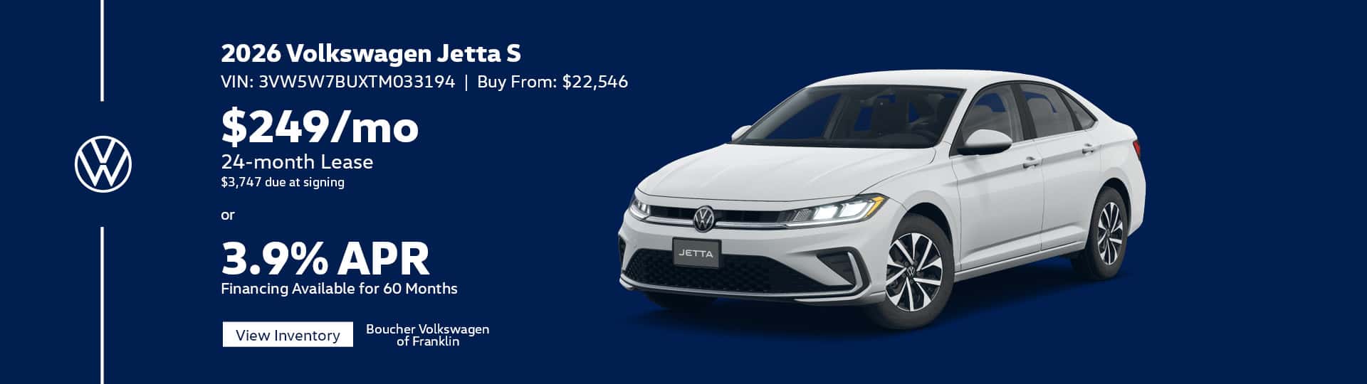 Sept 26 - Lease a new 2026 VW Jetta for $249/mo or get 3.9% APR for 60 mo