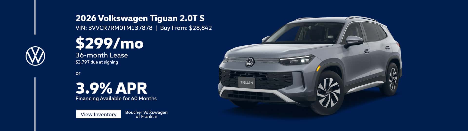 Oct 26 - Lease a new 2026 VW Tiguan for $299/mo or get 3.9% APR for 60 mo