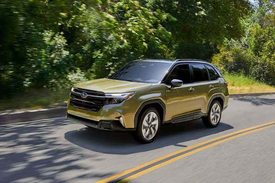 Yellow brown Subaru Forester on the road