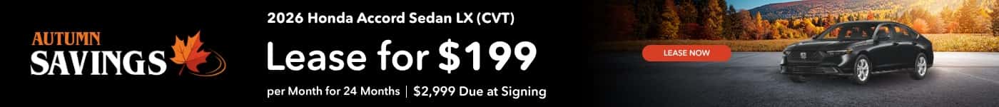 2026 Honda Accord Sedan LX (CVT) Lease for $199 per Month for 24 Months $2,999 Due at Signing