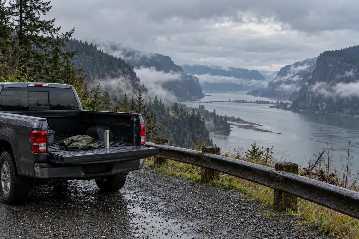 A truck parked at a pullout above the Columbia River Gorge near Washougal on an overcast morning