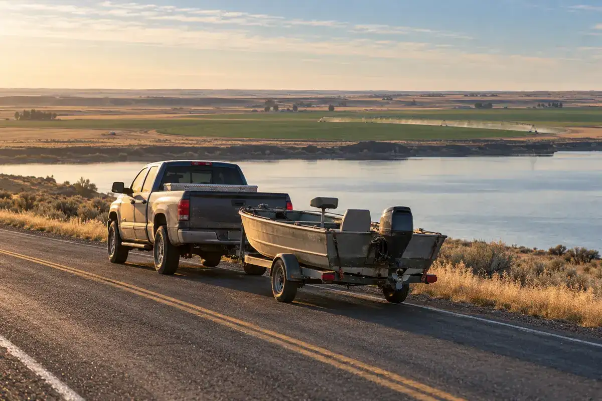 A truck towing a fishing boat along a two-lane road beside Moses Lake in the early morning