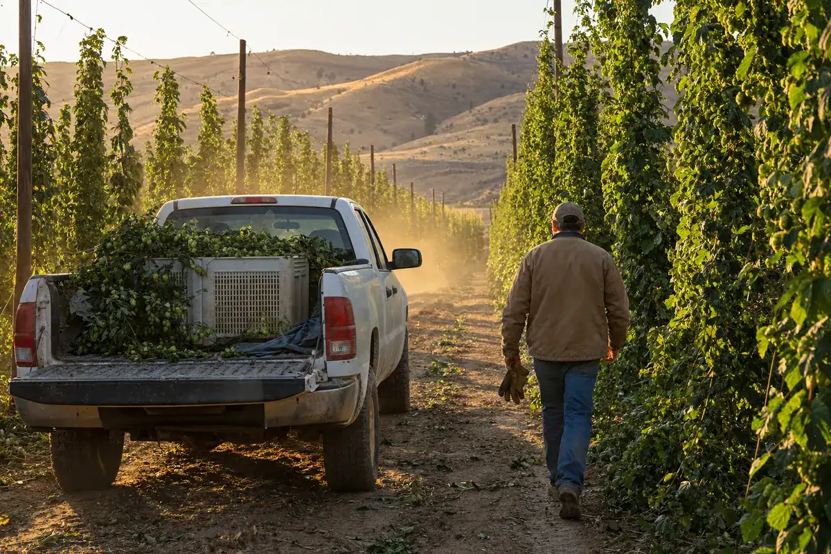 A work truck parked between tall rows of hops in the Yakima Valley at golden hour