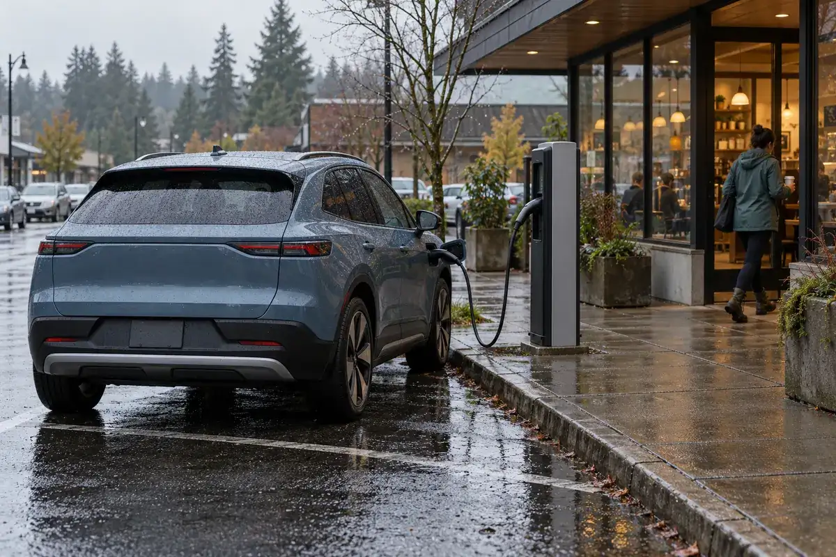 An electric crossover charging at the curb outside a coffee shop in Auburn on a rainy morning