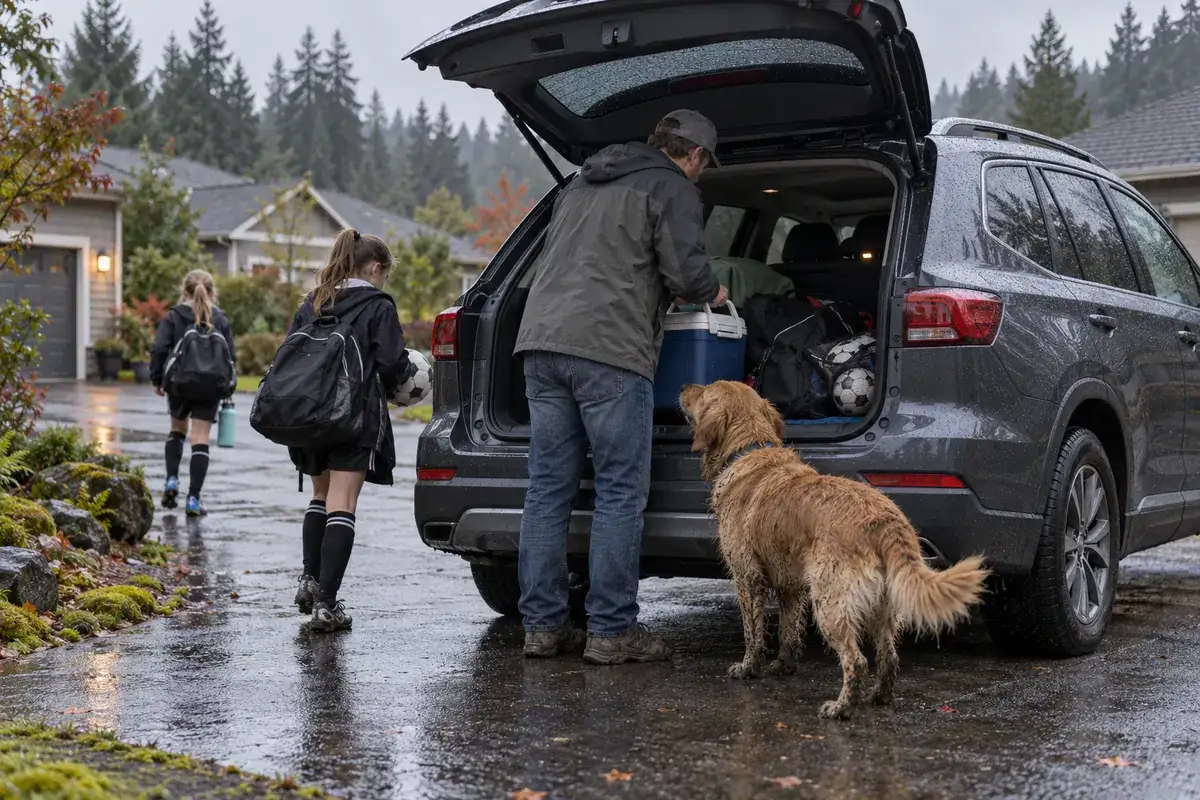 A parent loading soccer bags into an SUV on a rainy driveway in Auburn while the dog waits
