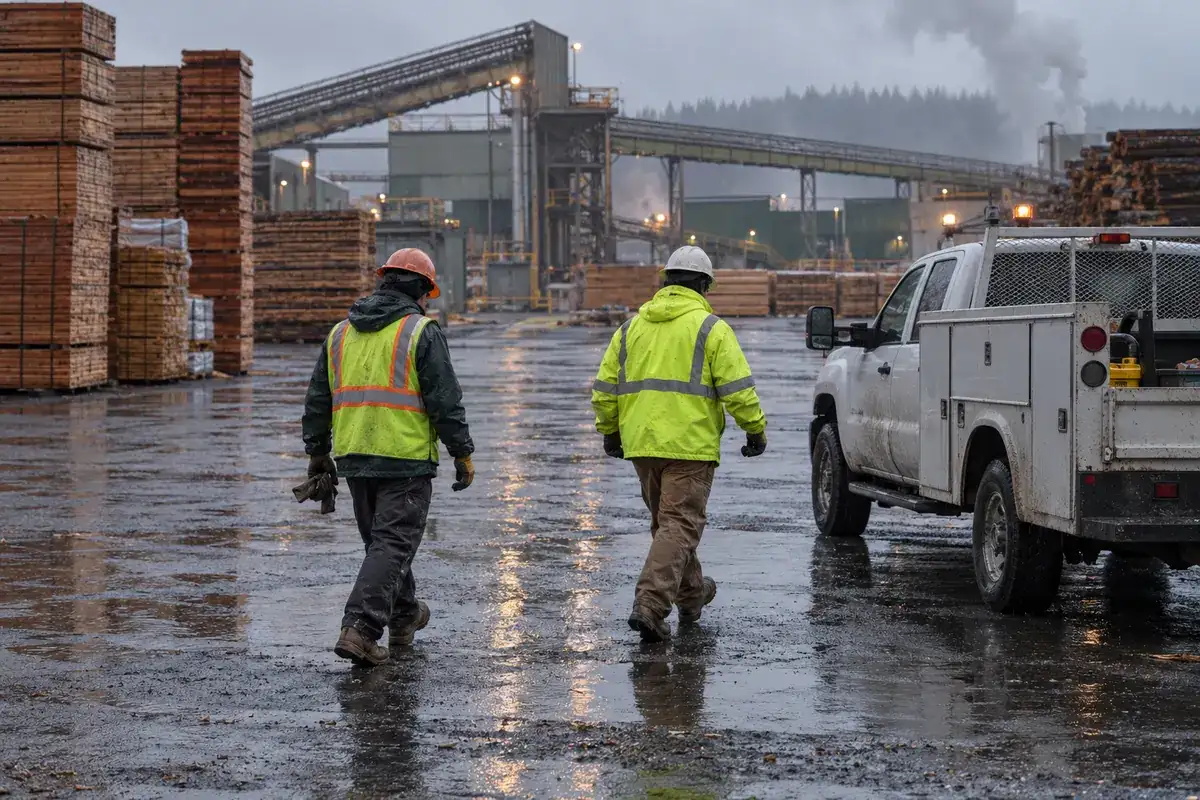 Mill workers in hi-vis walking to a work truck at shift change in Longview