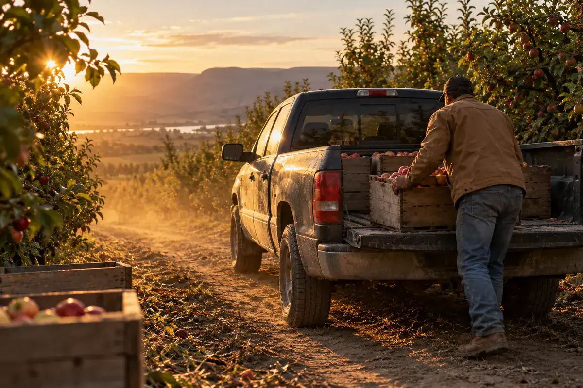 A worker loading apple crates into a pickup bed in a Yakima Valley orchard at golden hour