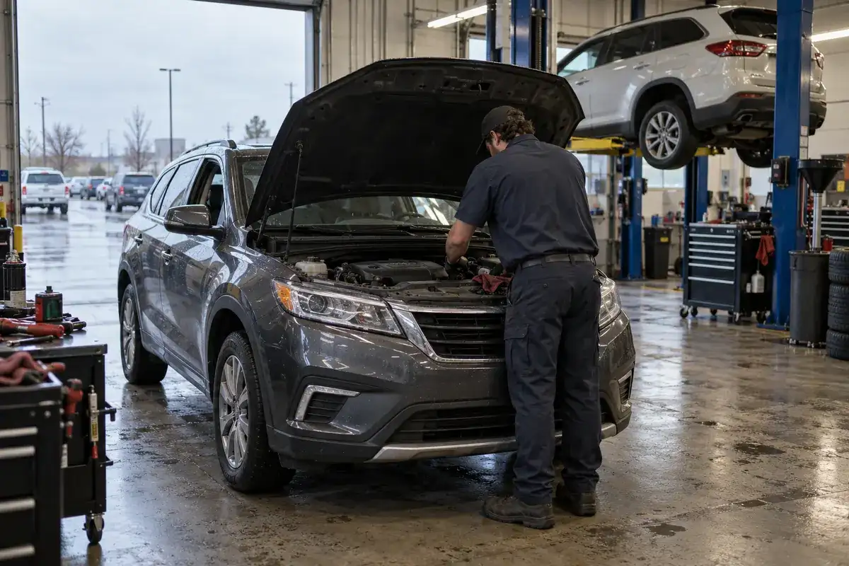 A technician working under the hood of an SUV in a service bay on a gray morning
