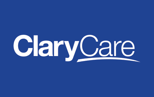 Clary Care in white on a blue background