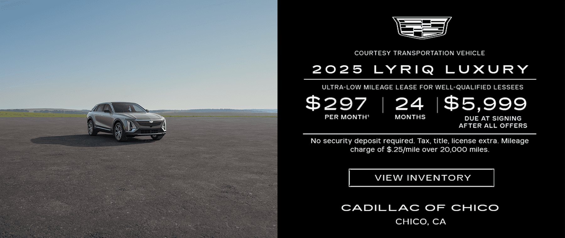Lease a 2025 Cadillac Lyriq Luxury for $297/mo plus tax. 24 month lease. $5,999 due at signing.