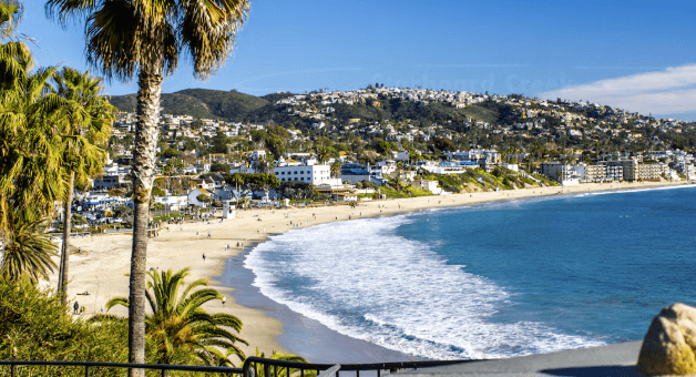 Panoramic view of Laguna Beach coastline with sandy beach and palm trees