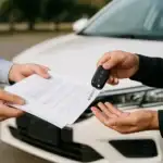 Customer receiving car keys with paperwork – used car dealership with in-house financing for buyers with bad credit