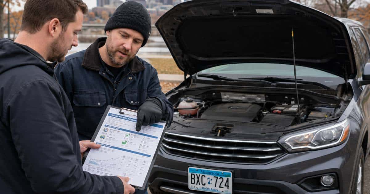 Twin Cities used car buyer reviewing a vehicle history report before purchasing