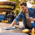 A smiling man cleans the hood of his car with a microfiber cloth while holding a spray bottle, standing in a sunny driveway. The car’s trunk is open behind him, packed with luggage and travel gear, with cleaning supplies laid out nearby, suggesting he’s preparing the vehicle for a trip.