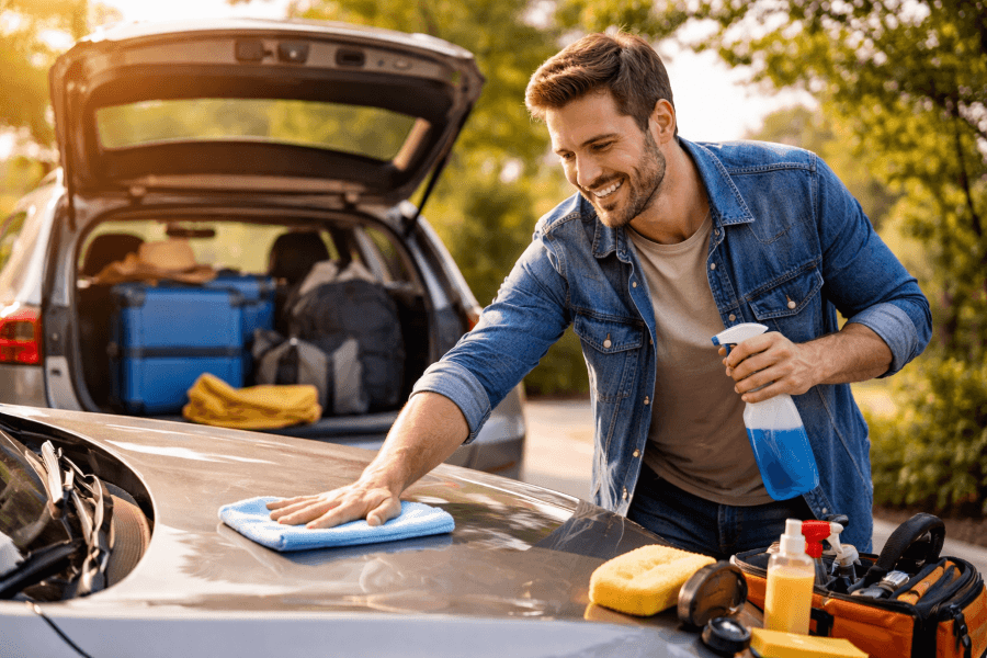 A smiling man cleans the hood of his car with a microfiber cloth while holding a spray bottle, standing in a sunny driveway. The car’s trunk is open behind him, packed with luggage and travel gear, with cleaning supplies laid out nearby, suggesting he’s preparing the vehicle for a trip.