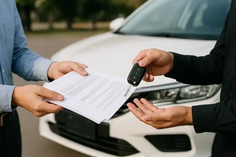 Customer receiving car keys with paperwork – used car dealership with in-house financing for buyers with bad credit