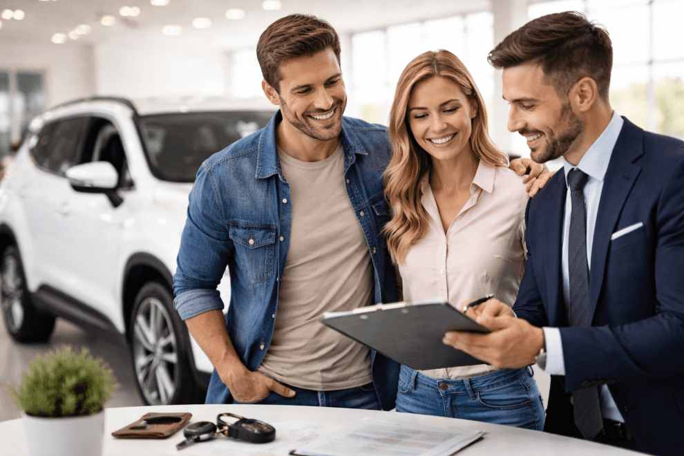 couple buying car in dealership