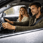 A man drives a car in rainy conditions, hands on the steering wheel and eyes focused ahead, while a woman sits in the passenger seat smiling. Raindrops cover the side window, and the damp, blurred scenery outside suggests wet weather driving.