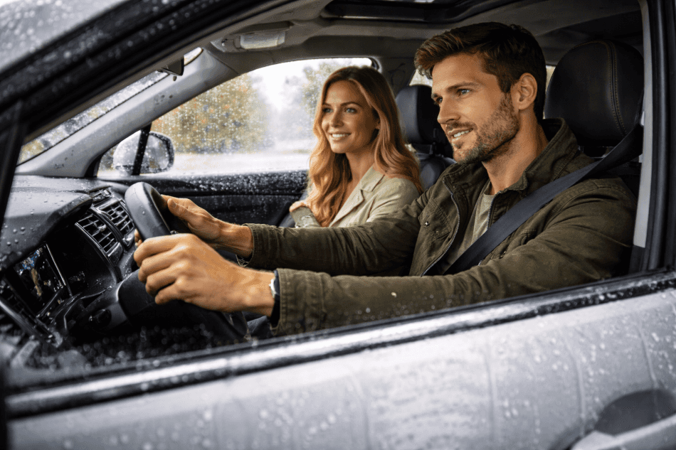 A man drives a car in rainy conditions, hands on the steering wheel and eyes focused ahead, while a woman sits in the passenger seat smiling. Raindrops cover the side window, and the damp, blurred scenery outside suggests wet weather driving.